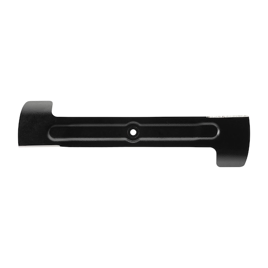 A black, straight metal lawn mower blade with a central mounting hole, photographed on a white background.