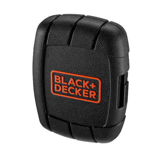BLACK+DECKER A7039 black textured hard case, orange logo, side angle, photography product.