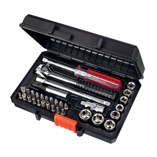 BLACKDECKER A7142 socket and screwdriver set in black case with orange latch, top angle.