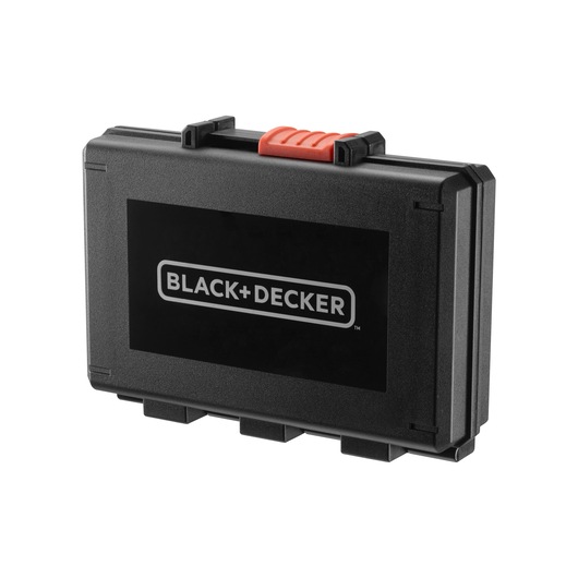 BLACK+DECKER A7142 black hard plastic storage case with orange latch, front angle, photography.