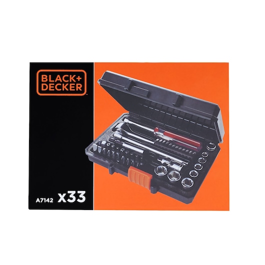 BLACK+DECKER A7142 tool set, 33-piece, black case with tools, front angle, orange background.