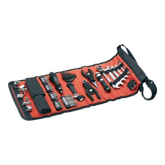 BLACKDECKER A7144 tool kit with assorted hand tools in a red and black roll-up pouch, angled view.