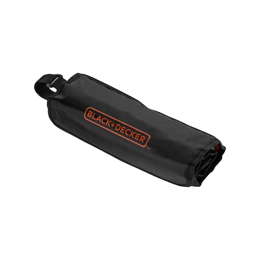A rolled-up black fabric pouch with a handle and the BLACK+DECKER logo printed in orange on the side.