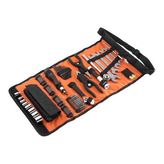A rolled-out BLACK+DECKER tool kit featuring an assortment of hand tools, including screwdrivers, wrenches, pliers, bits, hex keys, and a spirit level, all arranged neatly in a black and orange fabric organizer.