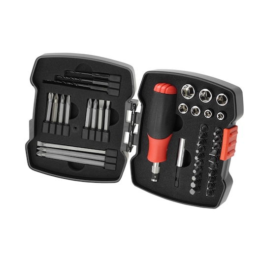 A BLACK+DECKER tool kit with various screwdriver bits, drill bits, sockets, and a handle, all organized in a black and red hard case.