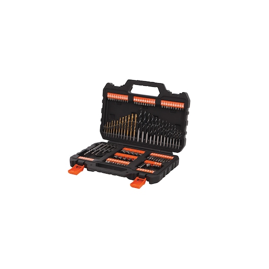 BLACKDECKER A7200 drill and bit set in black carry case, assorted bits and accessories, angled on white background.