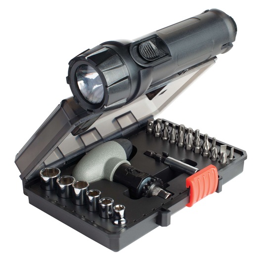 BLACK+DECKER tool set in an open black plastic case, featuring a flashlight, various screwdriver bits, sockets, a handle, and a transparent lid with a red latch.
