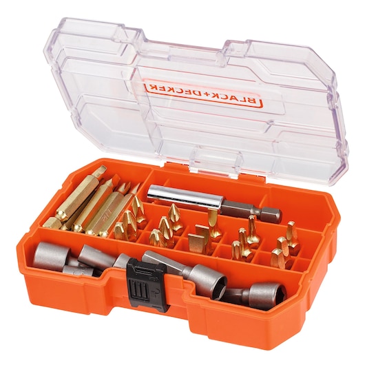 An open orange plastic case containing a BLACK+DECKER set of assorted screwdriver bits and nut drivers, organized in individual compartments with a transparent lid.