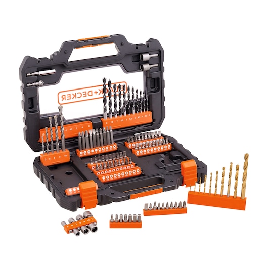BLACKDECKER A7230 drill and screwdriver bit set in black and orange hard case, multiple bits organized, front angle.