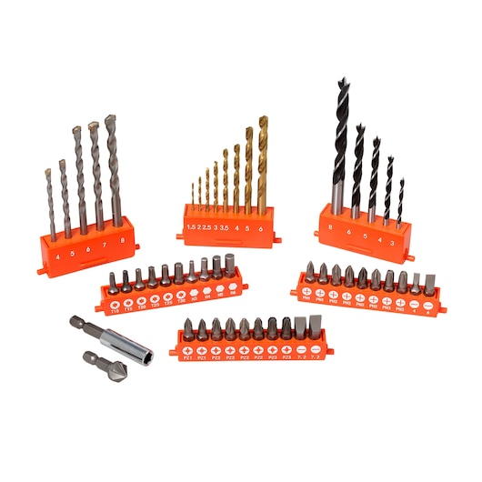 BLACKDECKER A7232 drill and screwdriver bit set with assorted bits and holders on white background, front angle.