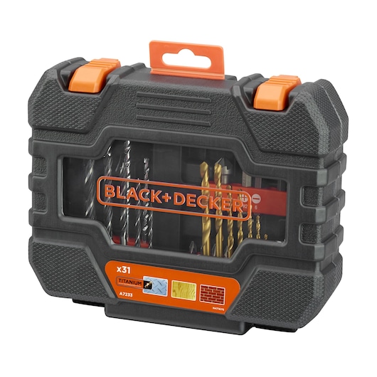 BLACK+DECKER A7233 drill bit set in a black plastic case with orange accents, front angle, clear window showing bits.