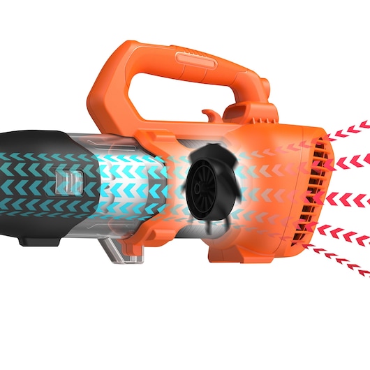 A close-up illustration of an orange BLACK+DECKER cordless blower showing airflow directions with blue and red arrows, highlighting how air moves through the device.
