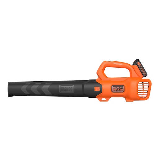 BLACKDECKER BCBL200L leaf blower, orange and black, right side view, photography on white background.