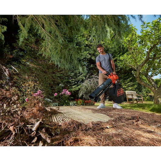 BLACK+DECKER BCBLV3625L1 leaf blower with collection bag used in garden, blowing dry leaves from patio.