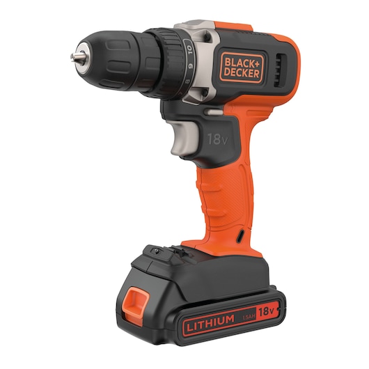 A BLACK+DECKER 18V cordless lithium-ion drill with orange and black design, featuring a textured grip and visible branding on its side and battery.