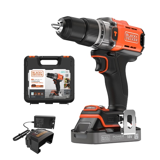 BLACKDECKER BCD383D1XK cordless hammer drill with 18V battery, charger, and carrying case, front angle.