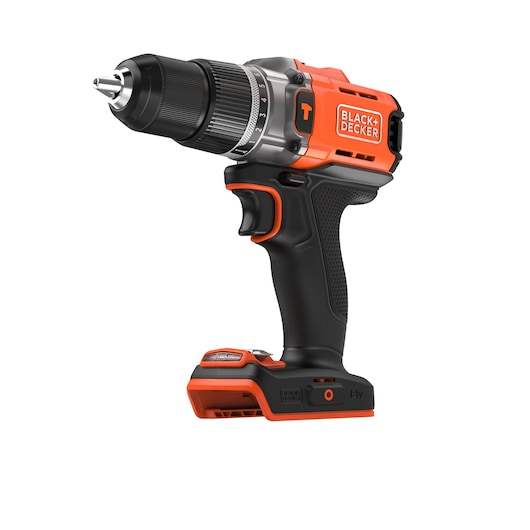 BLACK+DECKER BCD383XN cordless drill, black and orange, side view on white background.