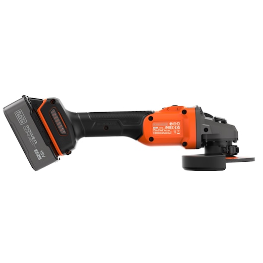 A BLACK+DECKER cordless angle grinder with an 18V lithium battery, featuring an orange and black design and ergonomic handle.
