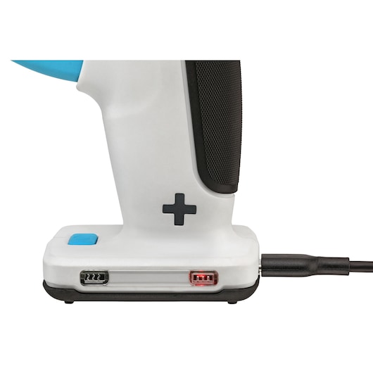 BLACKDECKER BCGL115 handheld tool base with charging cable connected, white and black handle, close-up, white background.