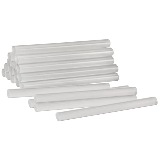 BLACKDECKER BCGL115 clear hot glue sticks, cylindrical shape, crafting accessory, white background, side angle.