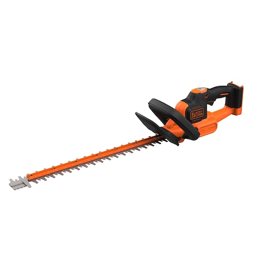 An orange and black cordless hedge trimmer with a long blade and ergonomic handle, branded BLACK+DECKER.