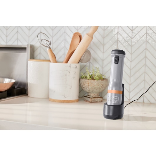 BLACKDECKER BCKM1012KG cordless kitchen mixer on countertop in a modern kitchen, side angle.