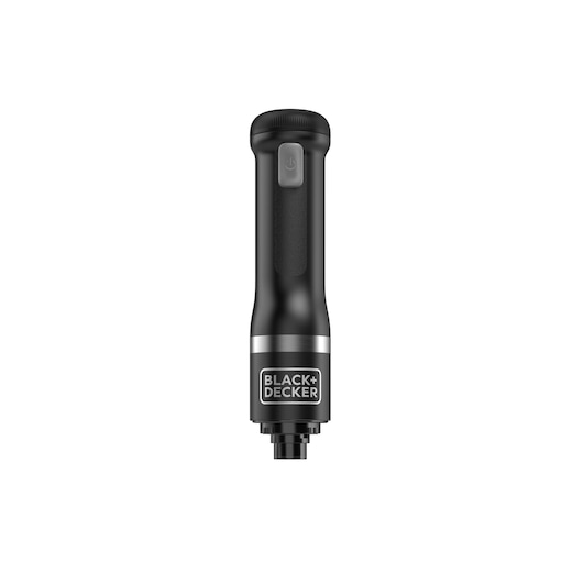 Close-up view of a BLACK+DECKER handheld device with a power button, shown vertically against a white background.