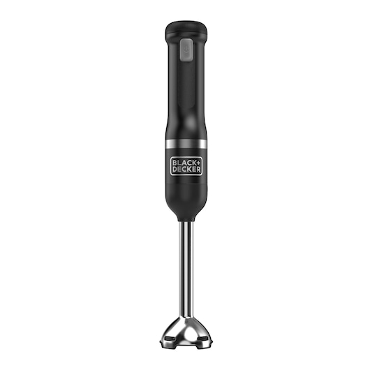 A BLACK+DECKER hand blender with a black handle and a stainless steel blending shaft, shown upright on a white background.