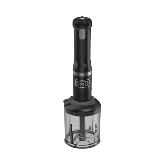 A BLACK+DECKER branded handheld kitchen mixer with a transparent mixing container and black handle, suitable for food preparation.