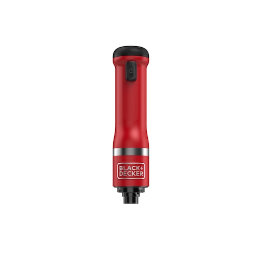A red BLACK+DECKER handheld device with a power button and the brand logo visible on the front. The device has a cylindrical shape and is photographed against a white background.