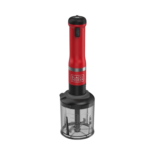 A BLACK+DECKER food chopper with a red handle and a transparent container, featuring a black lid and visible blades inside.