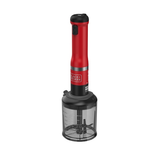 A BLACK+DECKER handheld kitchen appliance with a red and black design, featuring a transparent container for chopping or mixing food.