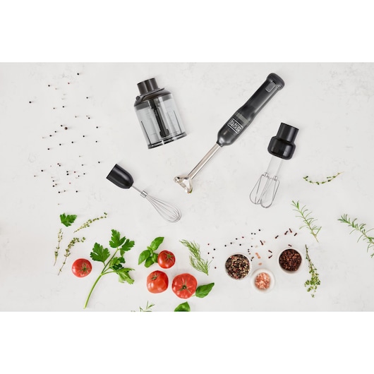 BLACKDECKER BCKM1014KB hand blender set with attachments and food processor jar on white background, top view.
