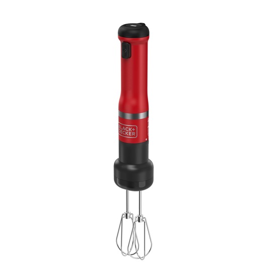 A BLACK+DECKER cordless hand mixer with a red and black body, featuring two metal beaters attached at the bottom.