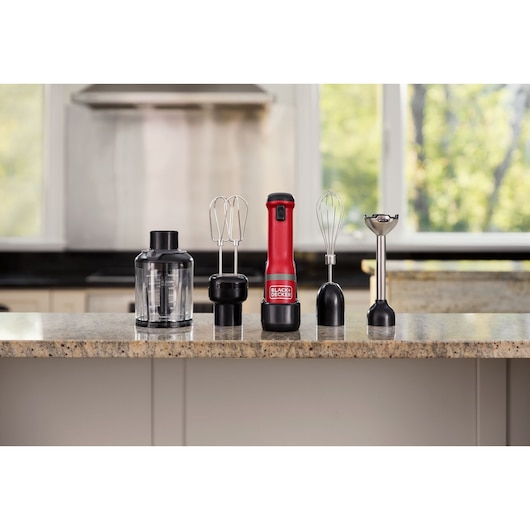 BLACKDECKER BCKM1014KR kitchen mixer set with attachments, red and black, countertop view.