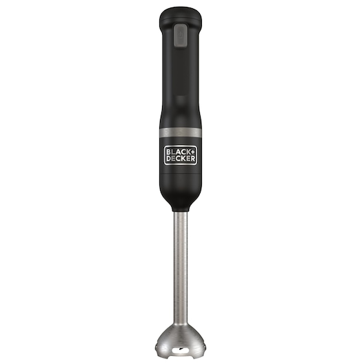 A BLACK+DECKER hand blender in black color with a stainless steel blending shaft, shown upright against a white background.