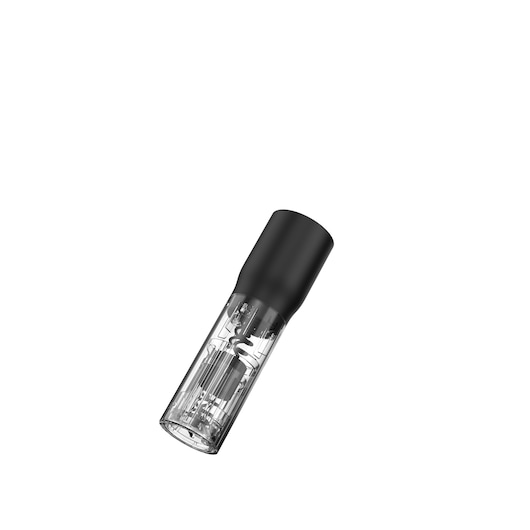Photo of BLACKDECKER BCKM1016KSB electric wine opener with black and transparent body, angled view.
