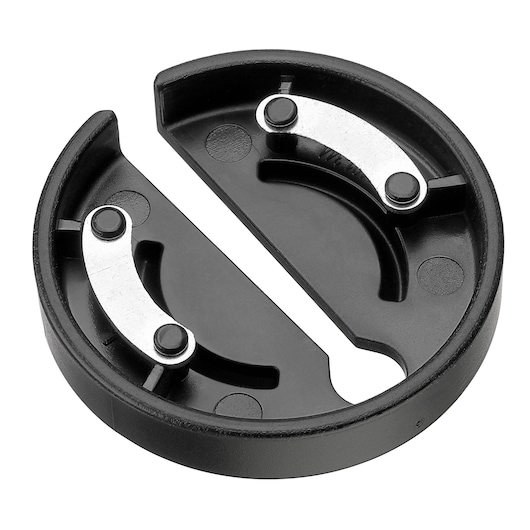 BLACKDECKER BCKM1016KSB round black metal pipe cutter wheel, top view on white background.