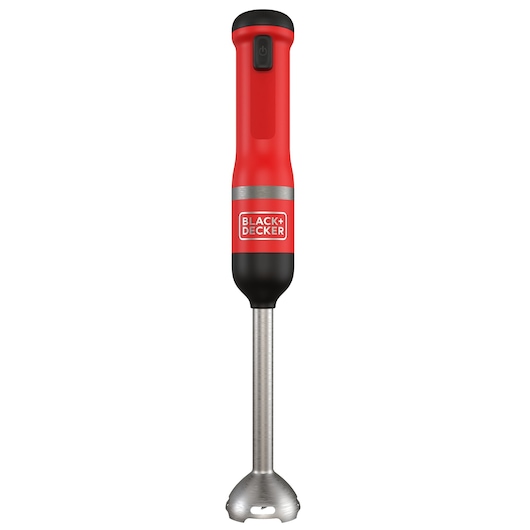 A BLACK+DECKER red and black hand blender with a stainless steel blending shaft and a power button on the handle, shown standing upright against a white background.
