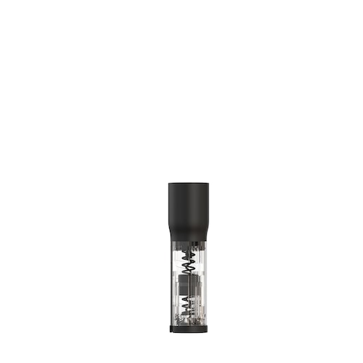 BLACKDECKER BCKM1016KSR electric wine opener, black and clear, straight front view on white background.