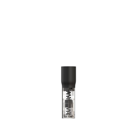 BLACKDECKER BCKM1016KSR electric wine opener, transparent lower body, black top, front view, white background.
