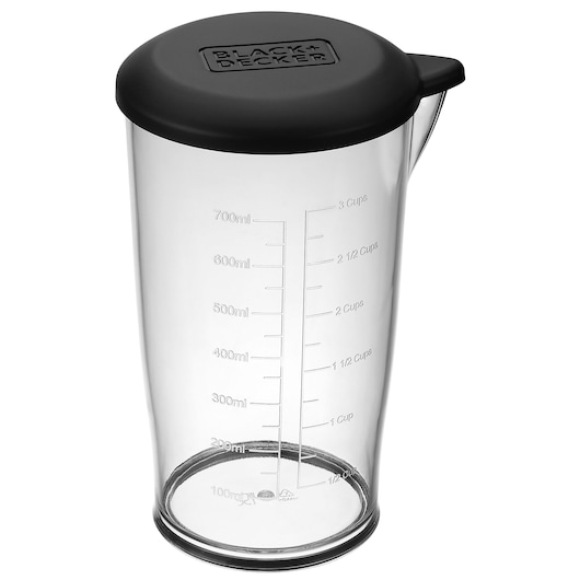 BLACK+DECKER BCKM1016KSR clear measuring cup with black lid, side view, white background.