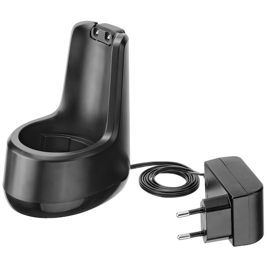 BLACKDECKER BCKM1016KSR black charging dock with power adapter, side angle, on white background.