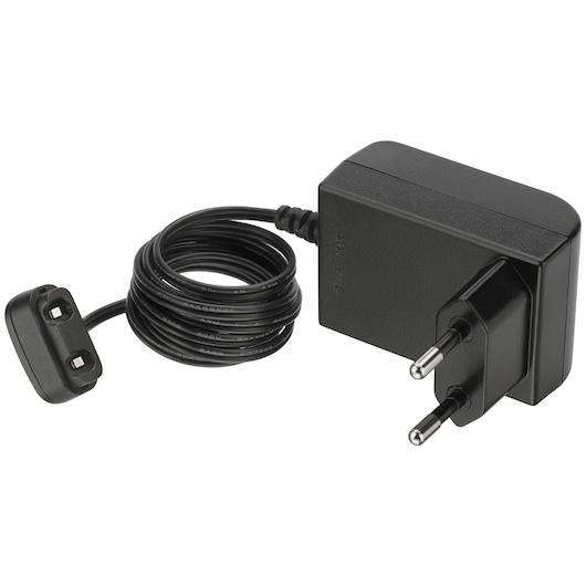 BLACKDECKER BCKM1016KSR black power adapter with coiled cord, European plug, product side view.
