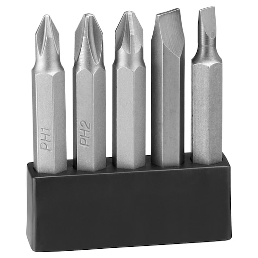 BLACKDECKER BCRTA01 screwdriver bit set with five assorted steel bits in black holder, front angle.