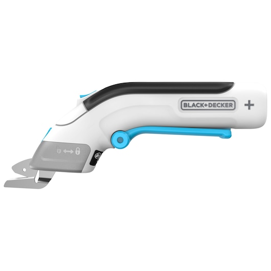 BLACKDECKER BCSC115 cordless electric scissors, side view, white and blue with metal blade.