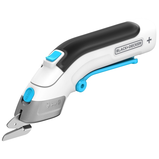 Photo of BLACK+DECKER BCSC115 electric cutter, white and black with blue accents, side angle on white background.