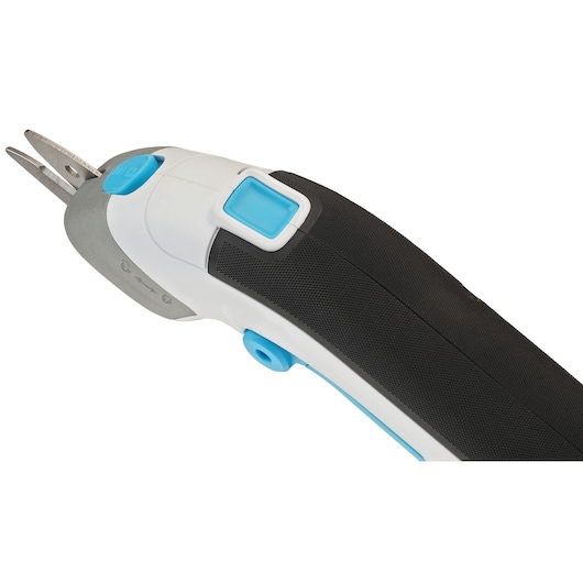 BLACK+DECKER BCSC115 electric scissors close-up, black handle with blue buttons, white background.