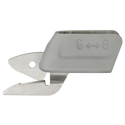 BLACKDECKER BCSC115 safety blade cover with lock symbols, silver and gray, side angle on white background.