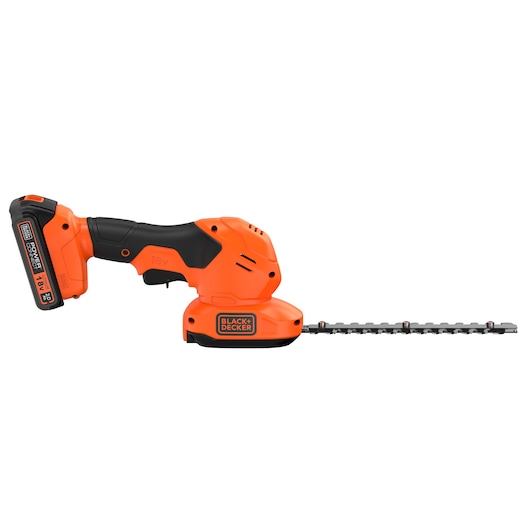 Photo of BLACK+DECKER BCSS18D1 cordless orange and black shrub shear, left side view, on white background.
